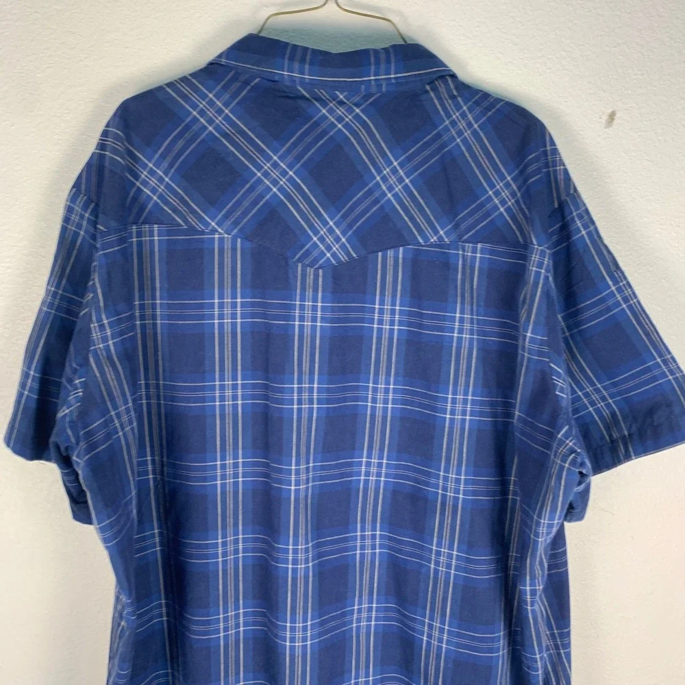 Lot of 2 Wrangler‎ 2XLT Tall Pearl Snap Western Shirts Blue Plaid Short Sleeves